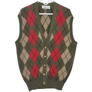 🟢7596 * Clark & Gregory Argyle Sweater Vest Olive Green Red Size L Scotland